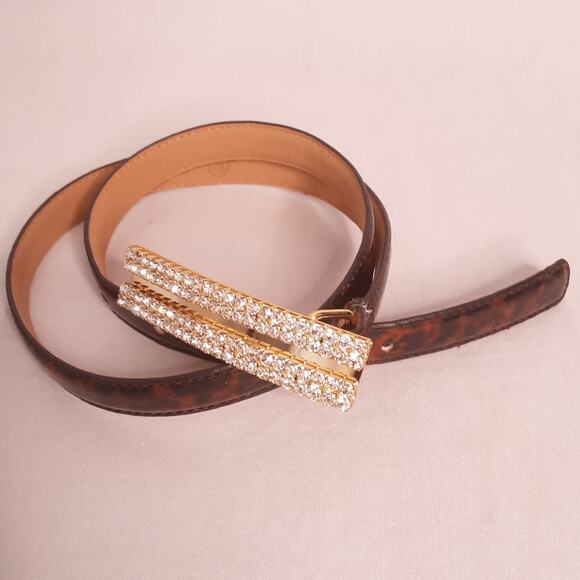Rhinestone Studded Buckle Skinny Belt Womens XSmall Waist Brown Black Strap - Picture 1 of 14